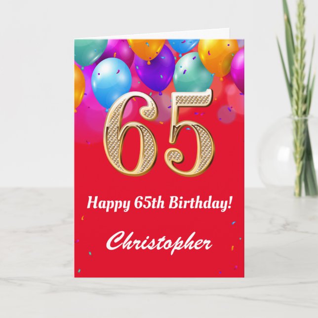 65th Birthday Red and Gold Colorful Balloons Card (Front)