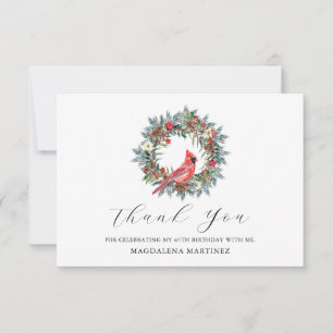 65th Birthday Red Cardinal Wreath Custom Flat Thank You Card