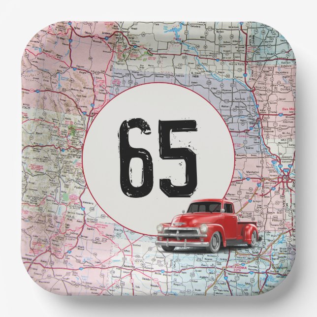 65th Birthday Red Retro Truck on Road Map Paper Plates (Front)