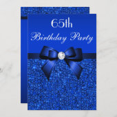 65th Birthday Royal Blue Sequins Bow and Diamond Invitation (Front/Back)