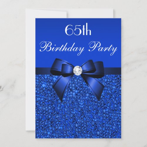 65th Birthday Royal Blue Sequins Bow and Diamond Invitation