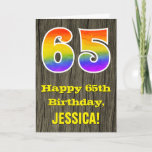 [ Thumbnail: 65th Birthday: Rustic Faux Wood Look, Rainbow "65" Card ]