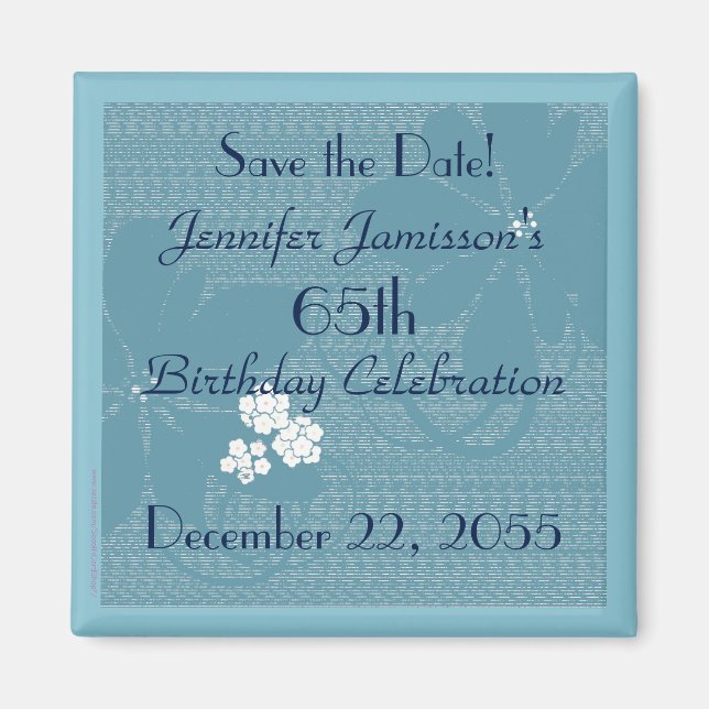 65th Birthday Save the Date Blue Floral Magnet (Front)