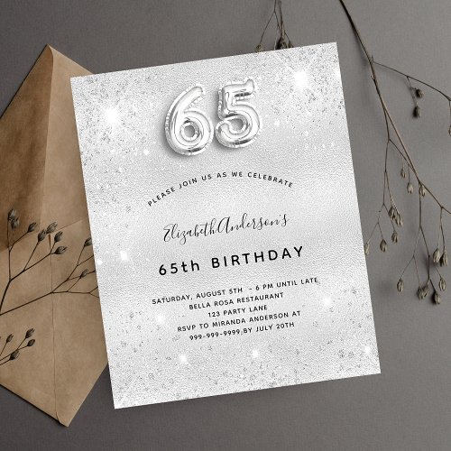 65th birthday silver glitter budget invitation