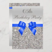 65th Birthday Silver Sequin Royal Blue Bow Diamond Invitation (Front/Back)