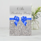 65th Birthday Silver Sequin Royal Blue Bow Diamond Invitation (Standing Front)