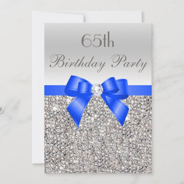 65th Birthday Silver Sequin Royal Blue Bow Diamond Invitation (Front)