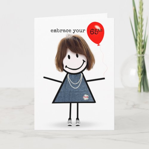 65th Birthday Stick Figure Girl with Red Balloon Card