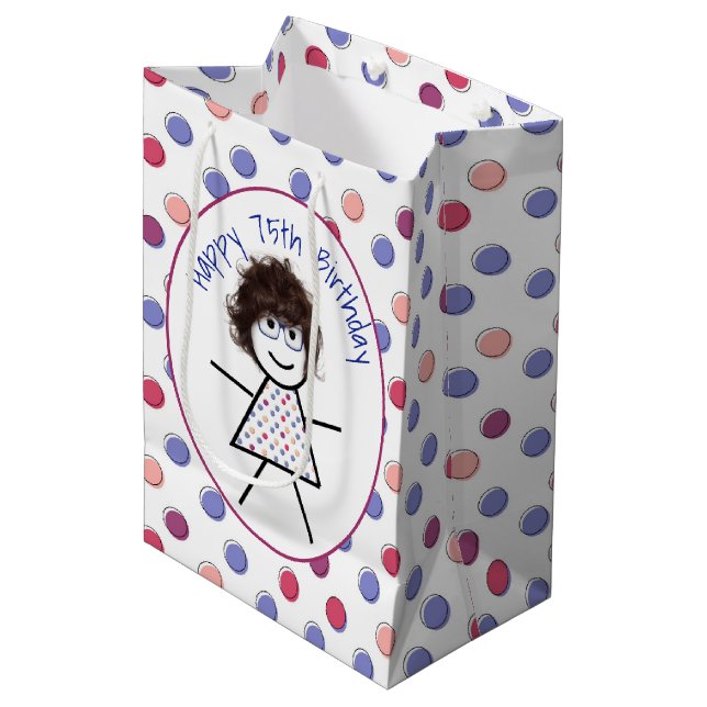 65th Birthday Stick Girl on Polka Dots   Medium Gi Medium Gift Bag (Front Angled)