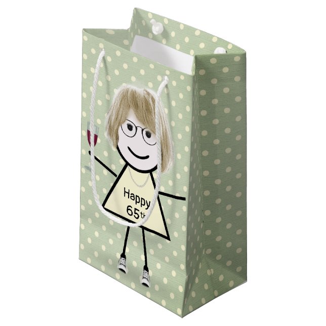 65th Birthday Stick Girl On Polka Dots  Small Gift Bag (Front Angled)