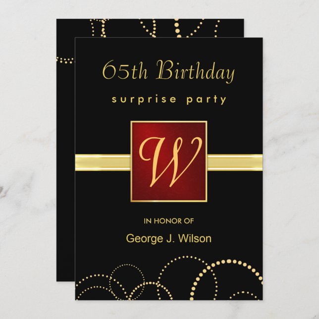 65th Birthday Surprise Party - Elegant Monogram Invitation (Front/Back)