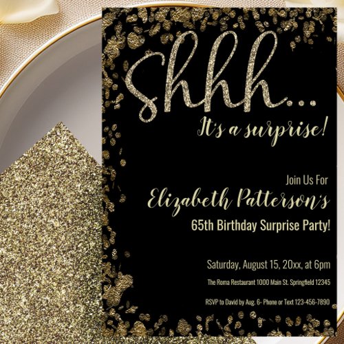 65th Birthday Surprise Party Invitation Gold Black