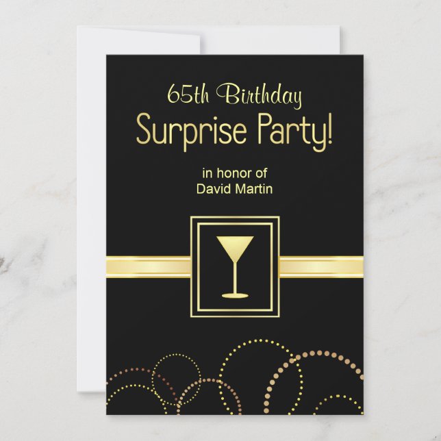 65th Birthday Surprise Party Invitations - Black (Front)