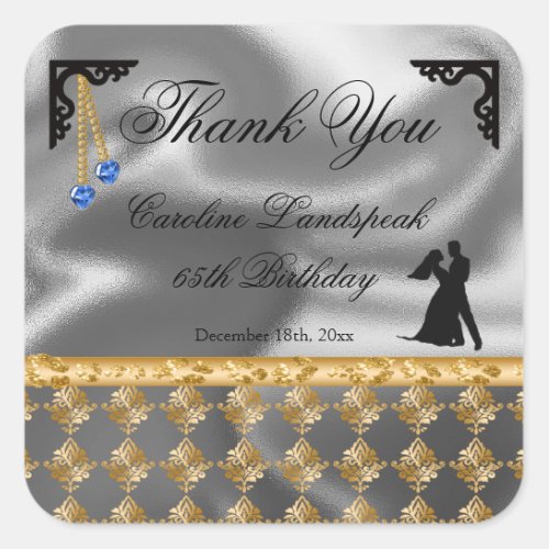 65th Birthday Thank You Silver Foil Gold Damask Square Sticker