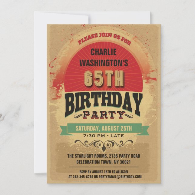 65th Birthday Vintage Typography Grunge Invitation (Front)