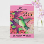 65th Birthday Wishes Pretty Pink Hummingbird Card<br><div class="desc">Celebrate her 65th birthday with a pretty pink hummingbird and flowers on a personalized greeting card. Created from my original watercolour painting, the lovely little bird image will brighten the day for nature lovers, birdwatchers and gardeners. The special woman in your life will love the bright colors of cream, pink...</div>