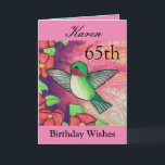 65th Birthday Wishes Pretty Pink Hummingbird Card<br><div class="desc">Celebrate her 65th birthday with a pretty pink hummingbird and flowers on a personalized greeting card. Created from my original watercolour painting, the lovely little bird image will brighten the day for nature lovers, birdwatchers and gardeners. The special woman in your life will love the bright colors of cream, pink...</div>