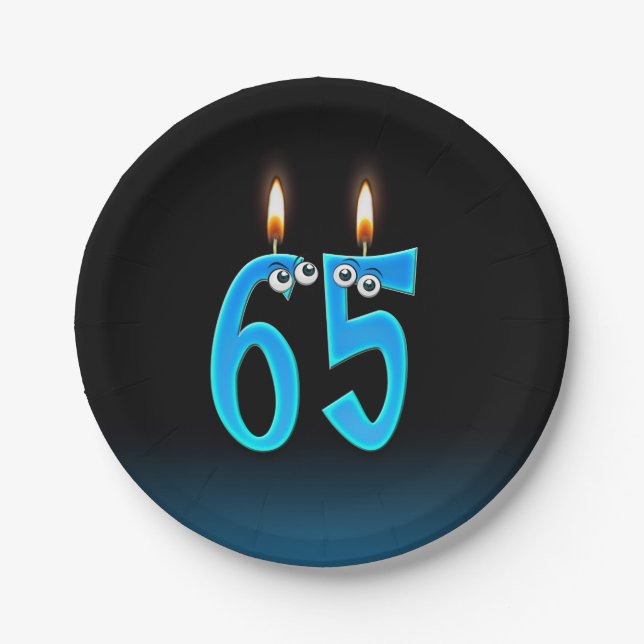65th Birthday with lit candle numbers Paper Plates (Front)