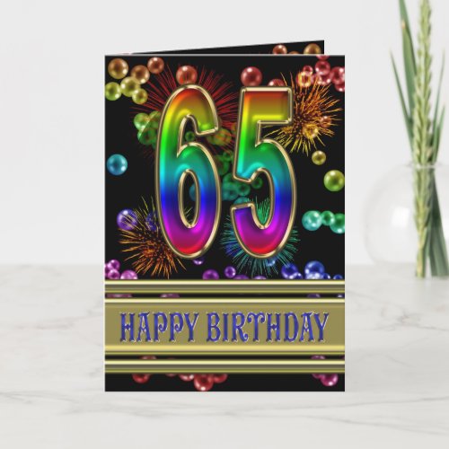 65th Birthday with rainbow bubbles and fireworks Card