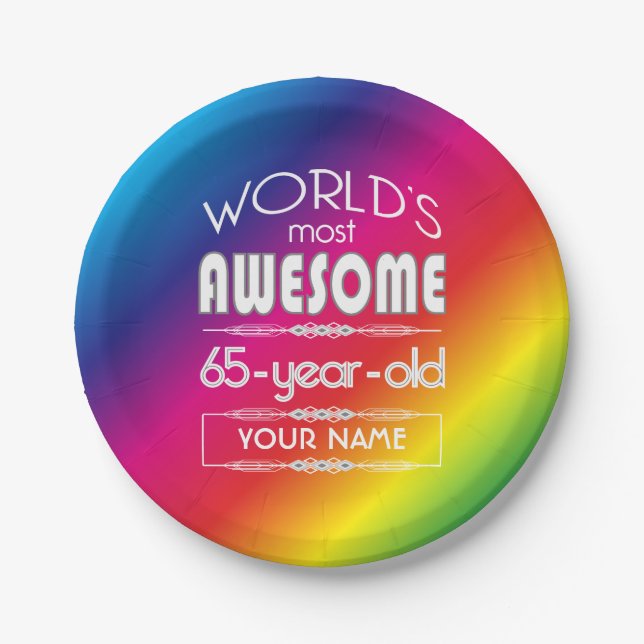65th Birthday Worlds Best Fabulous Rainbow Paper Plates (Front)