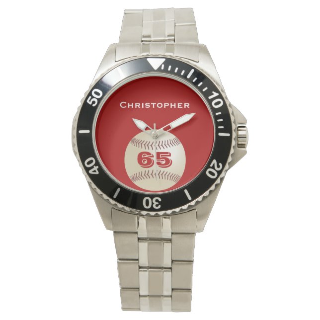 65th Birthday Wrist Watch, Personalized, Baseball Watch (Front)
