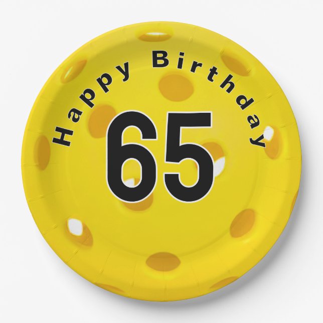 65th Birthday Yellow Pickleball Paper Plates (Front)