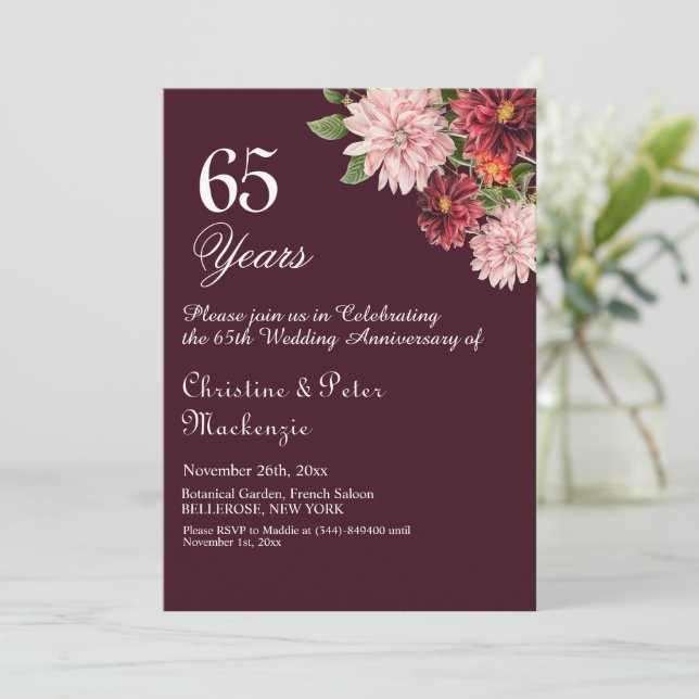 65th Blue Sapphire Wedding Anniversary Burgundy Invitation (Standing Front)