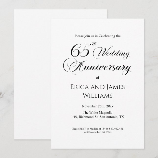 65th Blue Sapphire Wedding Anniversary Elegant Invitation (Front/Back)
