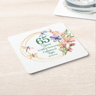 65th Blue Sapphire Wedding Anniversary Gold Frame Square Paper Coaster