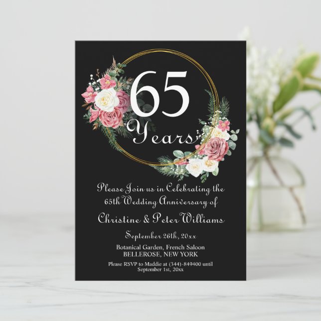 65th Blue Sapphire Wedding Anniversary Roses  Invitation (Standing Front)