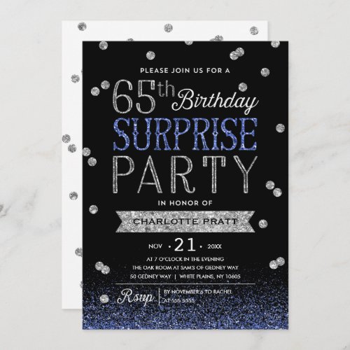 65th Blue Silver Glitter Confetti Surprise Party Invitation