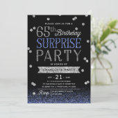 65th Blue Silver Glitter Confetti Surprise Party Invitation (Standing Front)