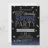65th Blue Silver Glitter Confetti Surprise Party Invitation (Front)