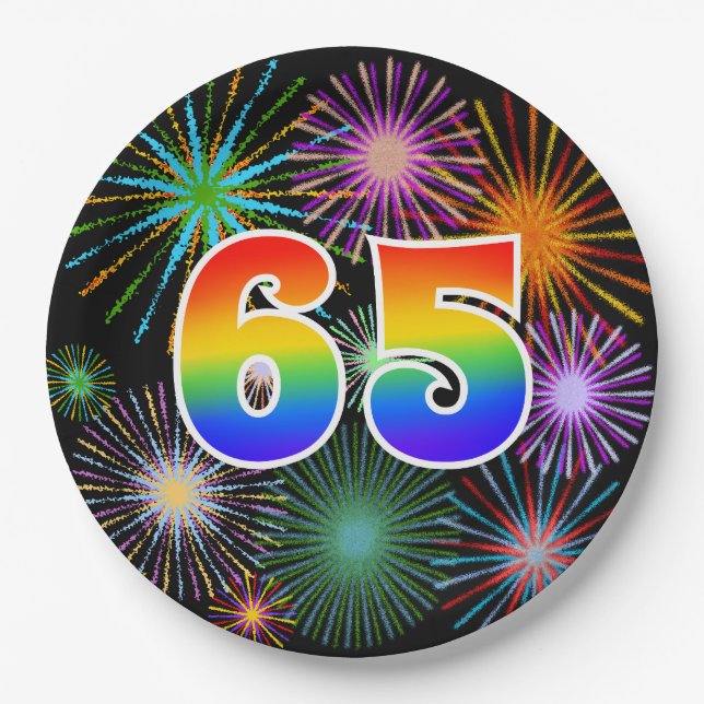 65th Event - Fun, Colorful, Bold, Rainbow 65 Paper Plates (Front)
