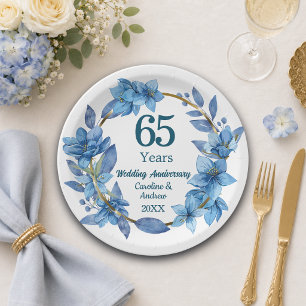 65th Floral Blue Sapphire Wedding Anniversary Paper Plates