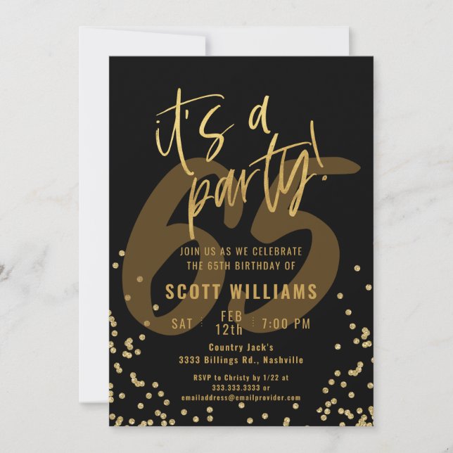 65th Fun Black and Gold Birthday Party Invitation (Front)