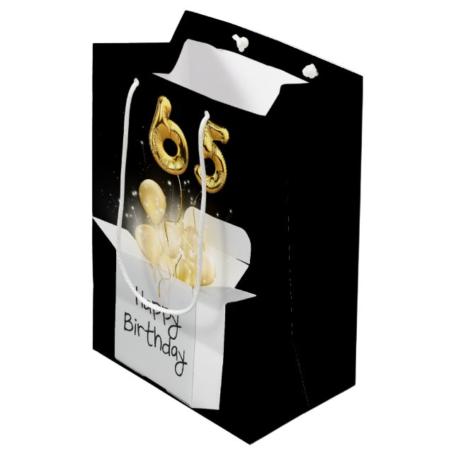65th Gold Birthday Balloons in White Box  Medium Gift Bag (Front Angled)