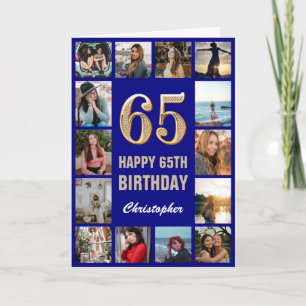 65th Happy Birthday Navy Blue & Gold Photo Collage Card