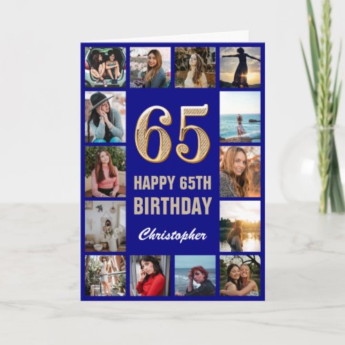 65th Happy Birthday Navy Blue  Gold Photo Collage Card