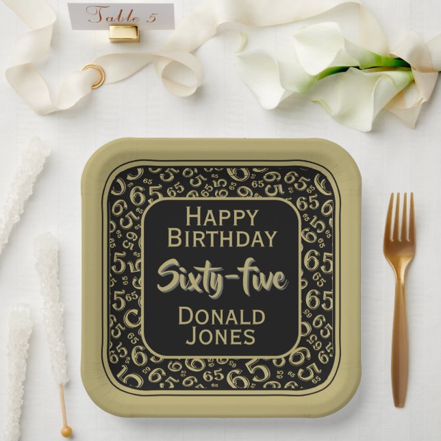65th Party Random Number Pattern Black/Gold Paper Plates (Wedding)