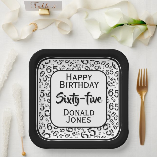65th Party Random Number Pattern Black/White Paper Plates (Wedding)