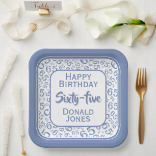 65th Party Random Number Pattern Blue/White Paper Plates