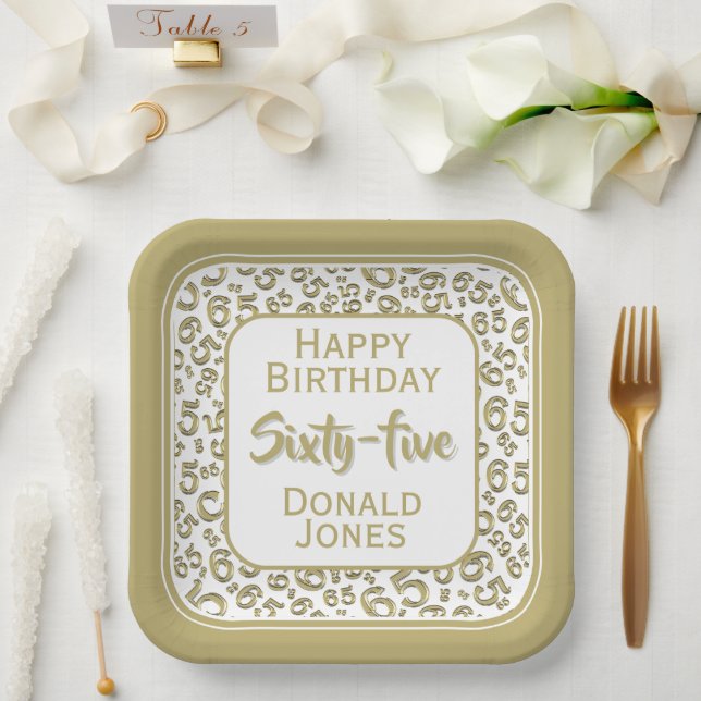 65th Party Random Number Pattern Gold/White Paper Plates (Wedding)