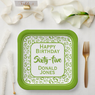 65th Party Random Number Pattern Green/White Paper Plates