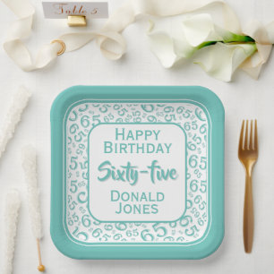 65th Party Random Number Pattern Green/White Paper Plates