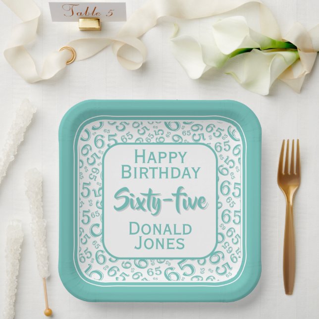 65th Party Random Number Pattern Green/White Paper Plates (Wedding)
