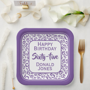 65th Party Random Number Pattern Purple/White Paper Plates