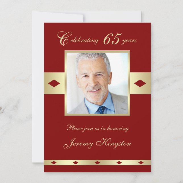 65th Photo Birthday Party Invitation Burgundy 65 (Front)