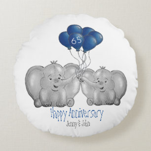 65th sapphire wedding anniversary elephant round pillow