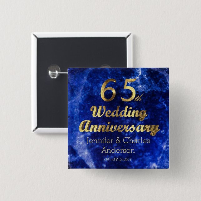 65th Sapphire Wedding Anniversary Gold Typography Button (Front & Back)